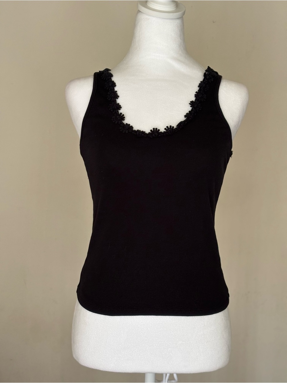 Marine Layer Black Ribbed Tank with Floral Trim